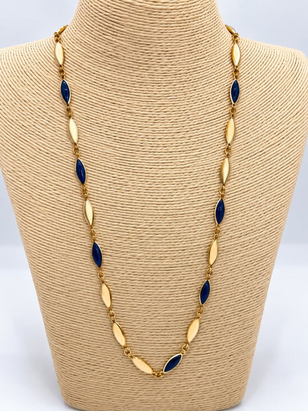 Long Gold Tone Navy Blue Enamel Marquise Link Necklace